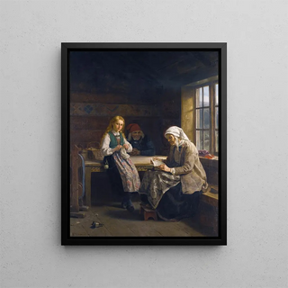 Adolph Tidemand - A Hardanger Interior Young Girl Knitting.webp