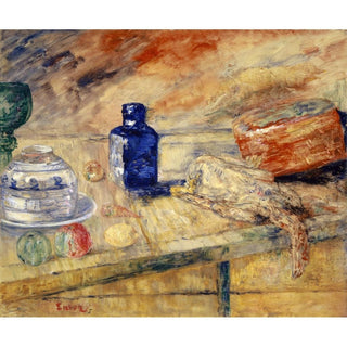 Bouteilles bleues et poulet - James Ensor | Reproduction Tableau Décoration murale affiche copie
