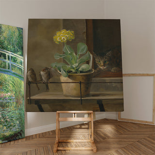 Art print | Still life with a primrose in a flowerpot, a cat, and two sparrows - Martinus Rørbye