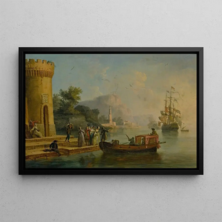 ClaudeJoseph Vernet - View of a Mediterranean port with a group of figures on the shores edge a large ship beyond.webp