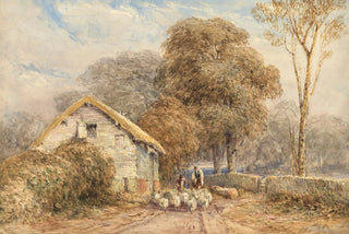 David Cox - A traveller on horseback with a shepherd and his sheep by a barn on a country road.webp