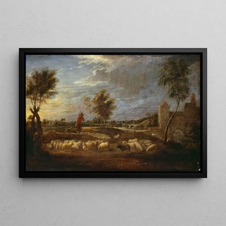 David Teniers The Younger - Sunset Landscape with a Shepherd and his Flock.webp