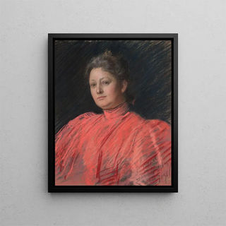 Edwin Austin Abbey - Portrait of Mrs Abbey in pink dress waist length.webp