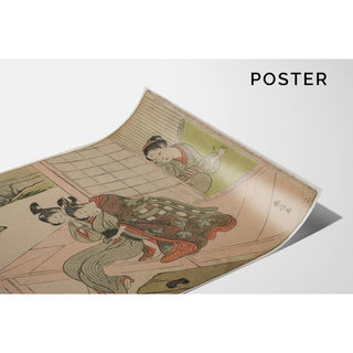 Femme observant un jeune couple s'embrasser sur une véranda - Suzuki Harunobu | Reproduction Tableau Décoration murale affiche copie