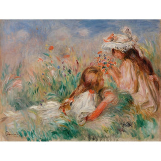 Fillette couchée sur l'herbe et jeune fille arrangeant un bouquet - Pierre-Auguste Renoir | Reproduction Tableau Décoration murale affiche copie