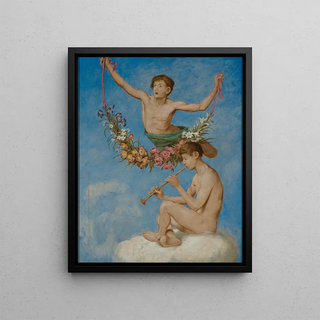 Hans Thoma - Mai zwei Jugendliche Genien mit Blumen.webp