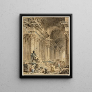 Hubert Robert - Gewlbte Sulengalerie mit antikischer Sitzstatue.webp