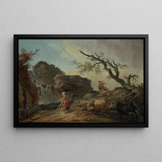 Hubert Robert - La Cascade A Rocky Hillside With A Peasant Woman And Child Near A Waterfall And Boys Resting By A Blasted Tree.webp
