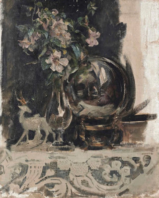 James Jebusa Shannon - Still life of flowers a statue and a globe on a mantelpiece.webp