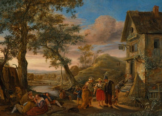 Jan Steen - A fortune teller and peasants before an inn with a river landscape beyond.webp