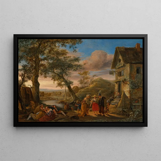 Jan Steen - A fortune teller and peasants before an inn with a river landscape beyond.webp
