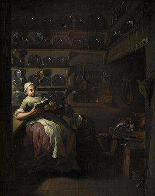 Jens Juel - Kitchen Interior with a Girl Reading.webp