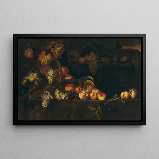 Nicolas de Largillire - Grapes and peaches in a wicker basket with other fruit on a ledge a landscape beyond.webp