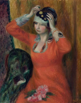 William James Glackens - Girl in Red Dress Pinning on Hat.webp