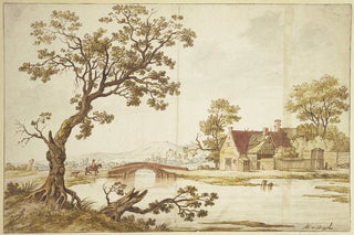 Aernout Ter Himpel - Bauernhof bei einer steinernen Brcke ber welche ein Reiter in rotem Mantel begleitet von einem Hund reiten will.webp