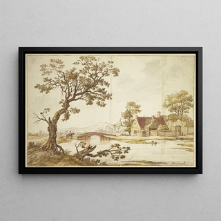 Aernout Ter Himpel - Bauernhof bei einer steinernen Brcke ber welche ein Reiter in rotem Mantel begleitet von einem Hund reiten will.webp