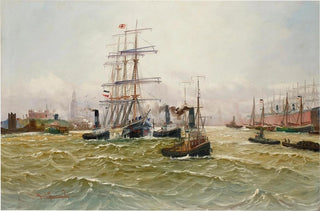 Alfred Jensen - A ThreeMaster and Sail Boats with the French Flag in the Hamburg Harbour.webp