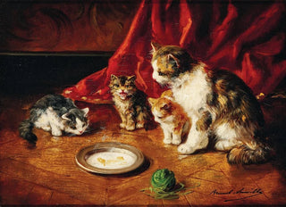 ArthurAlfred Brunel de Neuville - A mother cat with kittens in front of a milk bowl.webp