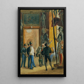 Carl Goebel the younger - sterreichische Offiziere und zwei Tiroler besichtigen die Ambraser Sammlung im Unteren Belvedere.webp