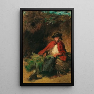 Carl Spitzweg - Sitzendes Mdchen mit rotem Umhang einen Hasen vor sich.webp