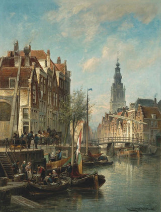 Cornelis Christiaan Dommelshuizen - Figures and ships on an Amsterdam canal with the Zuiderkerk in the background.webp
