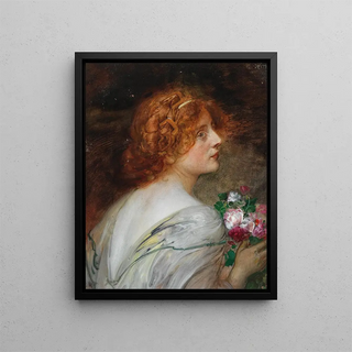 Eduard Veith - Back View Of A Young Woman In Profile With A Bouquet Of Roses In Her Hands.webp