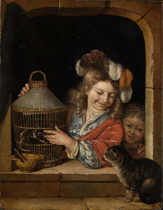 Eglon van der Neer - Children with birdcage and cat.webp