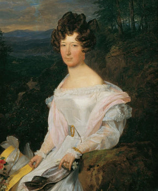 Ferdinand Georg Waldmller - Dame in weiem Kleid vor einer Wienerwaldlandschaft.webp