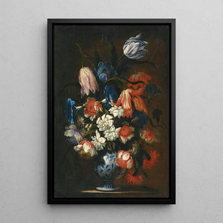 Francesco Caldei - A Still Life With Tulips Carnations And Other Flowers In A Blue And White Porcelain Vase.webp