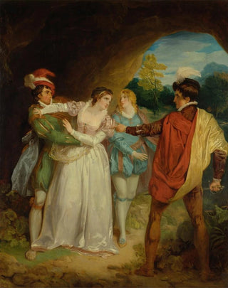 Francis Wheatley - Valentine rescuing Silvia from Proteus from Shakespeares The Two Gentlemen of Verona Act V Scene 4 the Outlaws Cave.webp