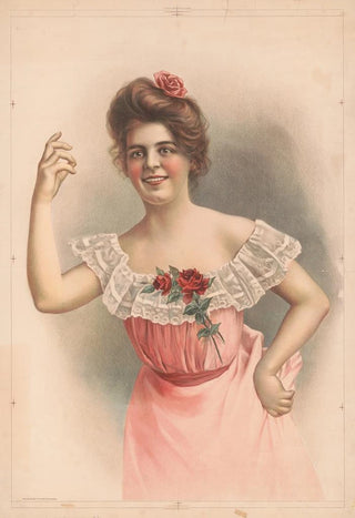 Gray Litho Co - Woman with pink rose in hair wearing pink dress with red roses on the front.webp