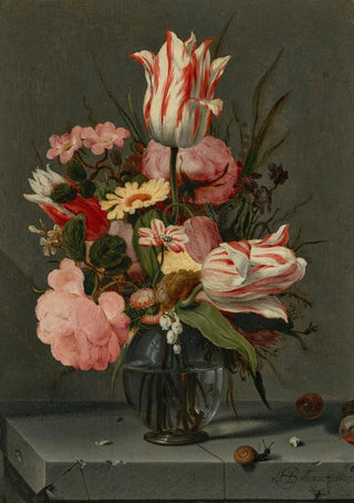 Hans Bollongier - Flowers in a glass vase on a ledge.webp