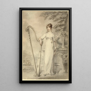 Henry Edridge - Fulllength portrait of Miss V Dupuis resting her arm on a harp In the background a fountain and a landscape with deer.webp