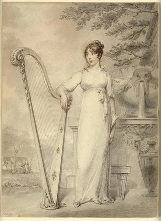 Henry Edridge - Fulllength portrait of Miss V Dupuis resting her arm on a harp In the background a fountain and a landscape with deer.webp