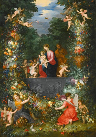 Jan Brueghel the Younger - The Holy Family Within A Garland Of Fruit Flowers And Vegetables Held By Angels.webp