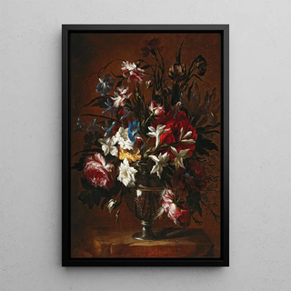 JeanBaptiste Monnoyer - Carnations roses lilies and other flowers in a vase on a ledge.webp