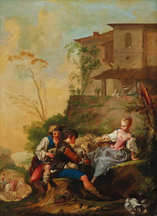 Jean Barbault - A pastoral scene with two musicians serenading a shepherdess.webp