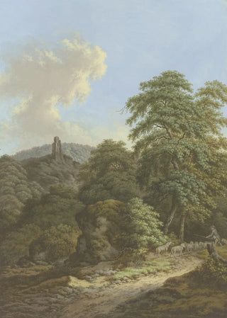 Johann Albrecht Friedrich Rauscher - Blick auf eine Burgruine im Vordergrund ein Schfer mit Herde.webp
