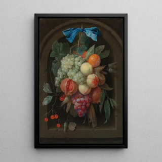 Joris van Son - Still Life Of Grapes Peaches A Pomegranate And Other Fruit Hanging From A Nail Before A Stone Niche.webp