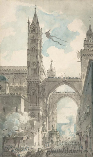 Louis Jean Desprez - View of the Portal and Principal Entrance of the Cathedral of Palermo during the Festival of Sta Rosalia.webp