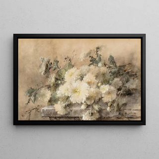Margaretha Roosenboom - Spray of white chrysanthemums on a stone ledge.webp