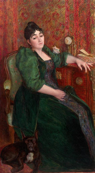 Marie Bracquemond - Selfportrait of the artist in an armchair with Bob her French bulldog.webp