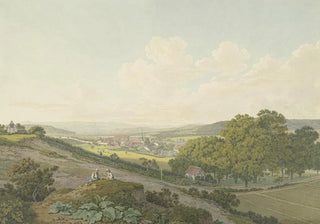 Marquard Wocher - Blick von einer Anhhe auf das Dorf St Jakob bei Basel mit spitzem Kirchturm.webp