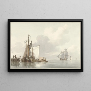 Martinus Schouman - Riviergezicht met afgemeerde schepen.webp