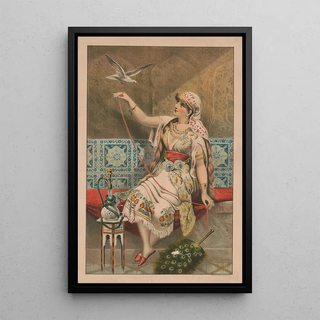 Mensing Stecher - Woman seated with peacock fan hookah pipe and white bird.webp