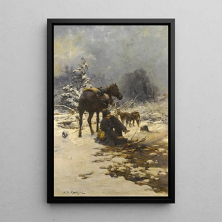 Micha GorstkinWywirski - A hunter in the snow warming his hands by a fire.webp