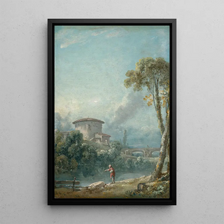 Nicolas Jacques Julliard - Paysage avec un pcheur au bord dun lac au fond un grand pigeonnier.webp