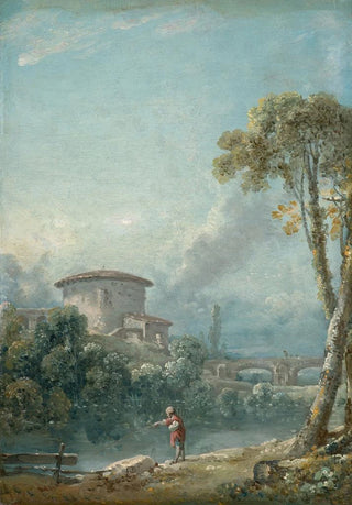 Nicolas Jacques Julliard - Paysage avec un pcheur au bord dun lac au fond un grand pigeonnier.webp