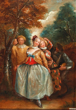 Pierre Antoine Quillard - A Commedia DellArte Scene With Columbina Harlequin And Pierrot.webp