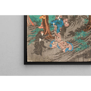 Reproduction En route pour Kyoto, Minamoto no Raiko rencontre Kaidomaru dans les montagnes d'Ashigara de la province de Sagami et l'emploie comme vassal - Utagawa Kuniyoshi